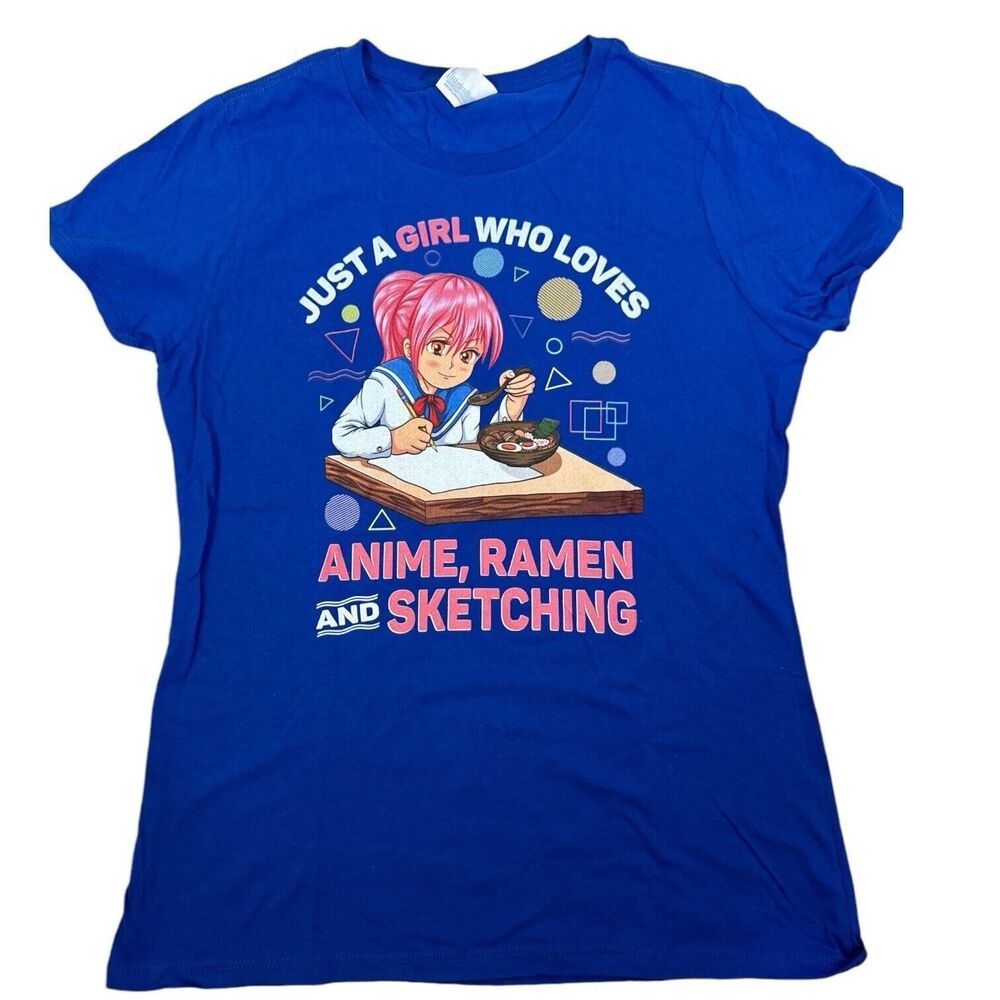 Just A Girl Who Loves Anime Ramen Sketching Juniors Sz S Blue Tee New